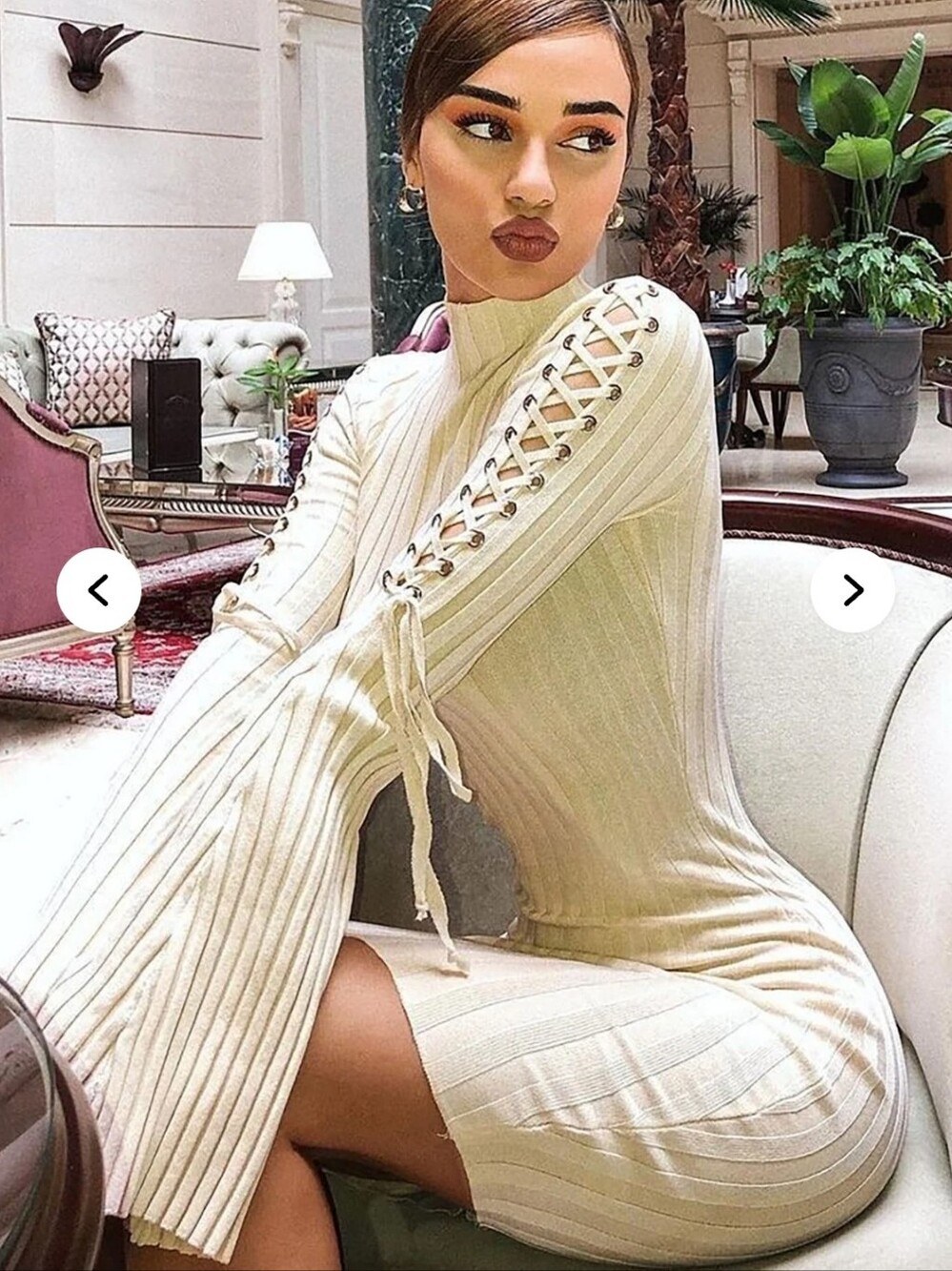 Fashion Nova Ivory Rib Knit Mock Neck Bell Sleeve Dress Size XS